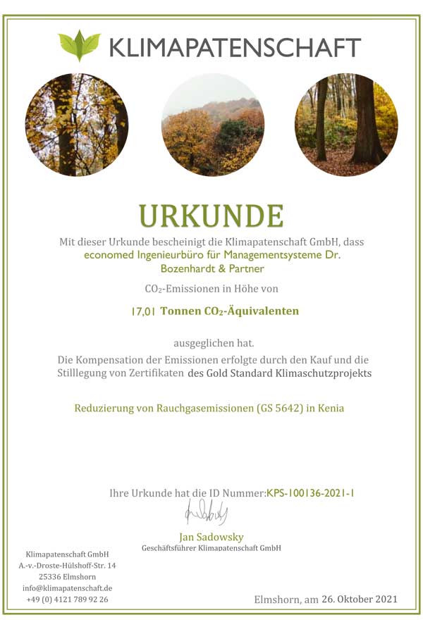 Klimaneutrales Unternehmen - KPS-100136 - klimapatenschaft.de
